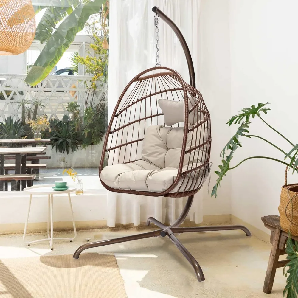 Swing Egg Chair Indoor Outdoor Patio Wicker Hanging Chair with Stand All Weather Egg Hammock Chairs with Cushions Swinging Chair 3