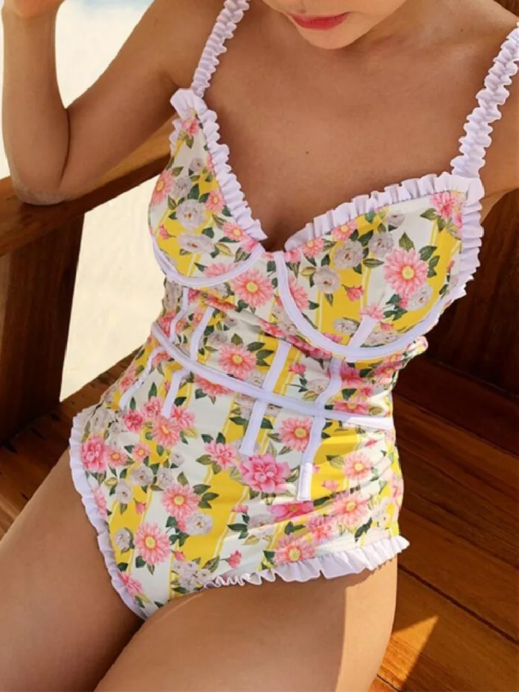 

Sexy Ruffles Wood ears Stitching Flower Print One Piece Swimsuit Women Swimwear Vintage Tank Bathing Suit