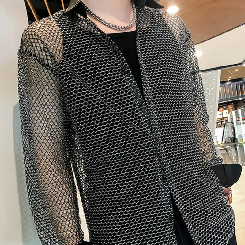 

Hollowed Out Mesh Sunscreen Shirt Coat Men's Personality High Sense Loose Nightclub Long Sleeve Shirt Camisa Social Masculina