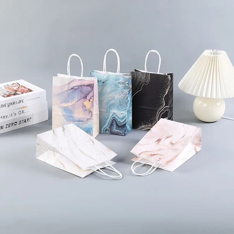 

12pcs Kraft Paper Gift Bag with Handle Marble Grain Gift Packaging Bag Candy Favor Bags Wedding Birthday Party Decorations