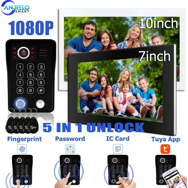ANJIELO Fingerprint 5in1 Unlock Wifi Doorbell Video Intercom System for Home Doorphone Tuya Smart 1080P Monitor Security Protect