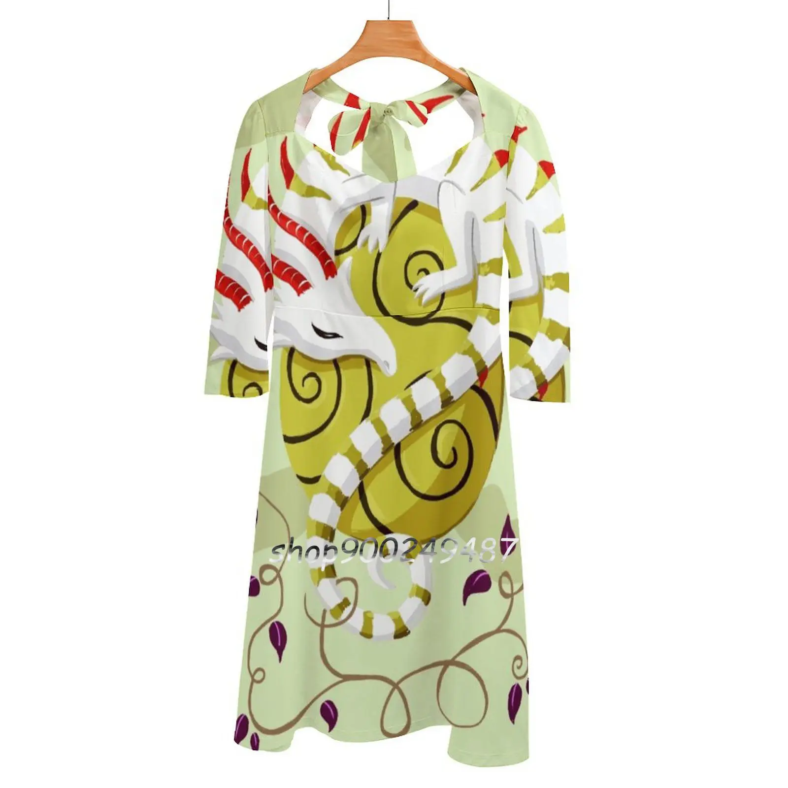 Dragon Egg Sweet Elegant Dress Women Coreano Kawaii Square Collar Dress Cute Little Dragon Egg Sky Clouds Floral Wine Fantasy