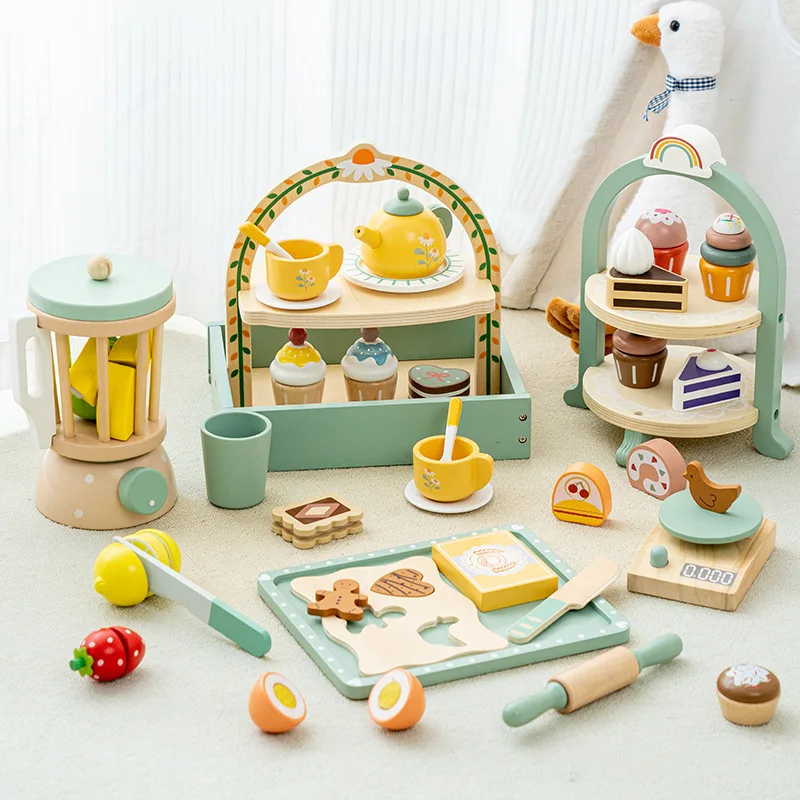Wooden Kitchen Pretend Play Toy Kids Wooden Toys Coffee Maker Set Cake Ice Cream Tea Playset Toddler Learning Educational Toys