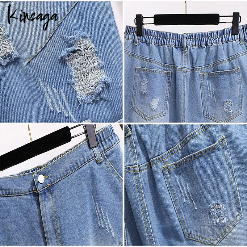Plus Size Ripped Holes Knee Length Jean Capris Mom 6xl Grunge Slouchy Elastic High Waist Fray Revers Half Demin Trousers Female