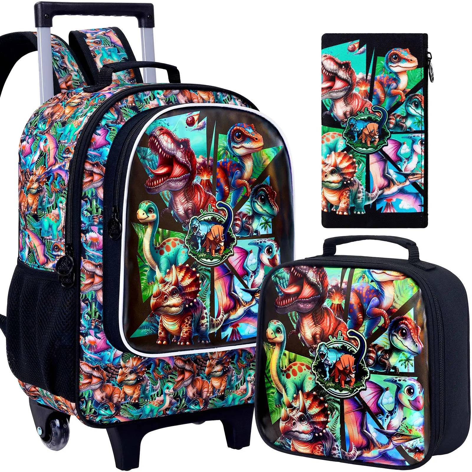 3PCS Rolling Backpack for Boys, Kids Dinosaur Roller Bookbag with Wheels, Wheeled School Bag Set for Elementary