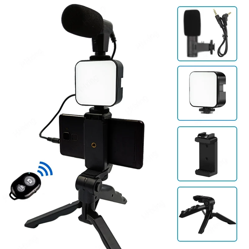 Smartphone Video Kit Microphone Bracket Photography Lighting Phone Holder LED Selfie Tripod Recording Handle Portable Stabilizer smartphone photography kit