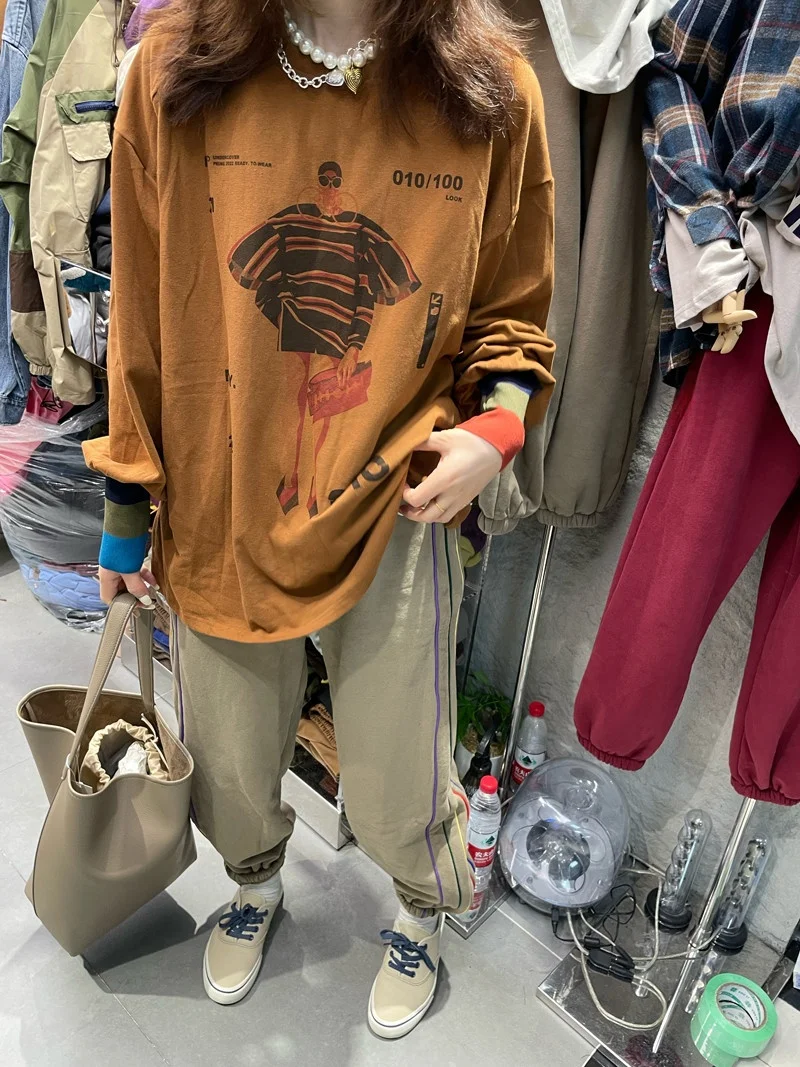 Loose Long Sve T-irt Women's Base irt Spring Autumn New Korean Version round Ne Letter Cartoon Pattern Patchwork Sve