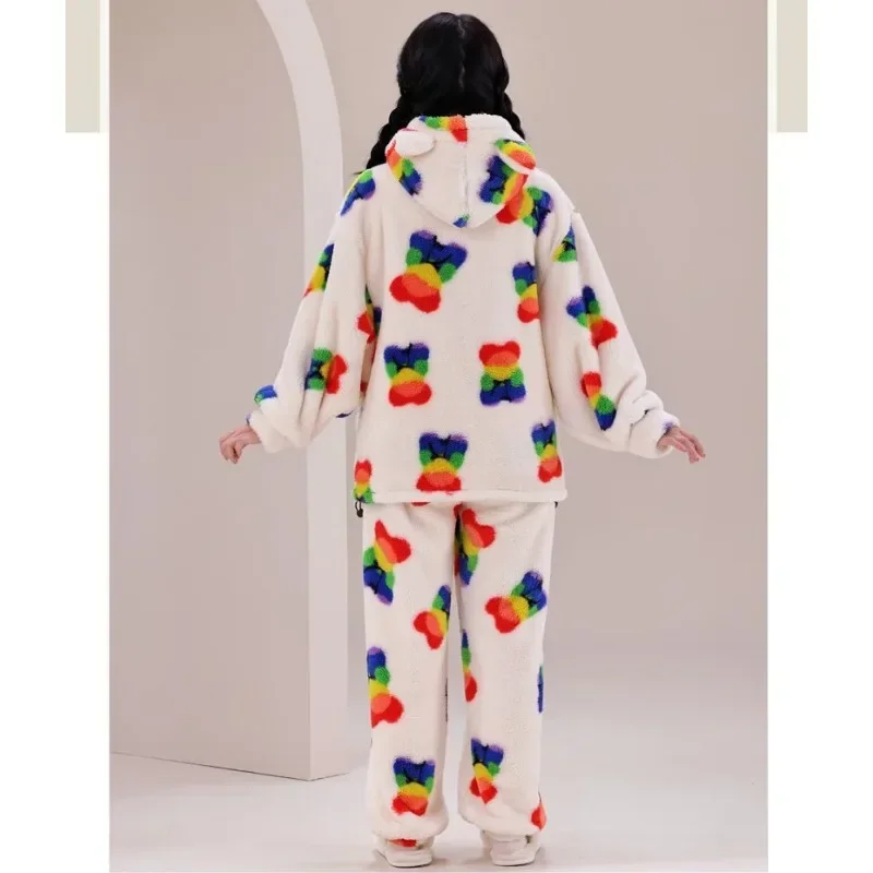 2024 New Women Pajama Plus Fleece Thick Sleepwear Coral Velvet Loose Homewear Hooded Bear Nightwear Suit Warm Loungewear