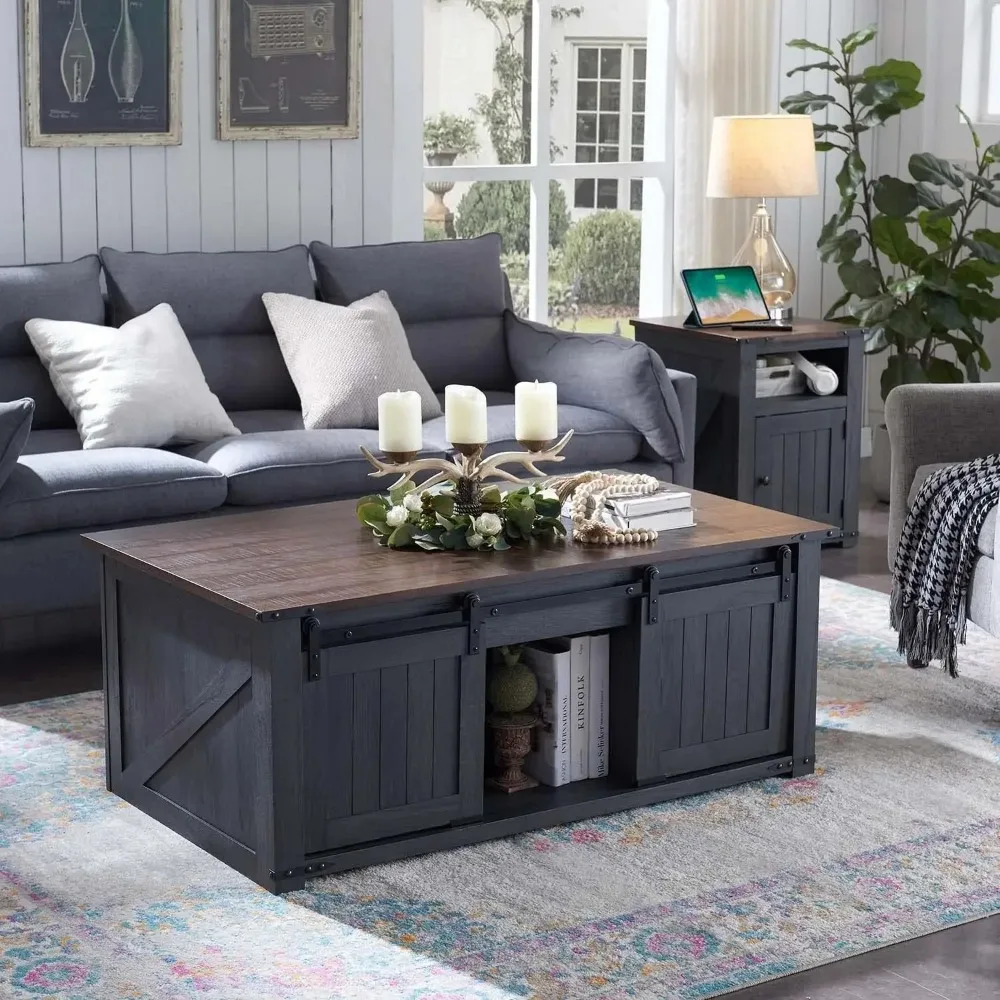 48" Lift Top Coffee Table, Farmhouse Cocktai with Sliding Groove Barn Door, for Living Room, Dark Grey 3