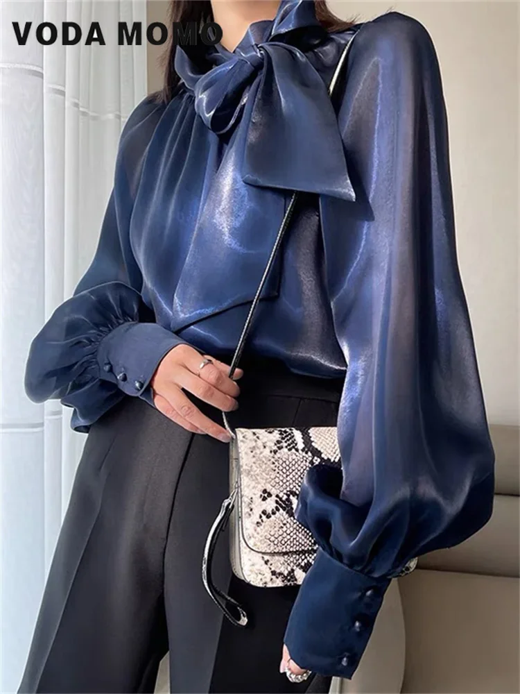 새로운 랜턴 슬리브 보우 레이스 업 셔츠 여성 기본 우아한 셔츠 루즈 한 여성 블라우스 봄 여름 부드러운 통근 바람 모든 경기