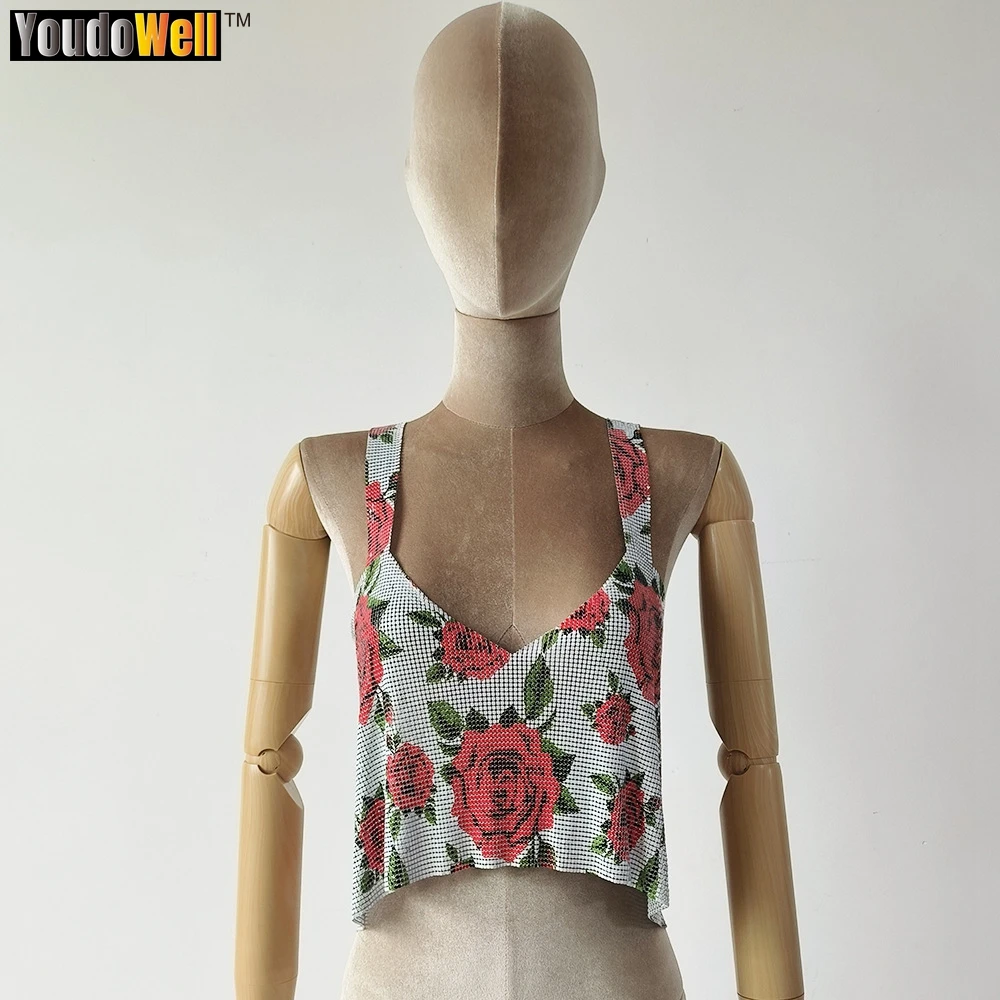 

Spice Girl Back Slit Square Neck Shoulder Tank Top, Metallic Sequin Rose Flower Pattern, Sexy Loose Top, Daily Commuter