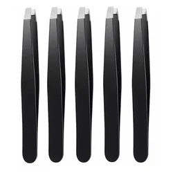 Premium Stainless Steel Black Tweezers with Slant and Flat Tips for Eyebrow Shaping & Ingrown Hair Removal (A0148 - 1 - 5PCS)