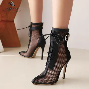 Sgesvier Summer Women Ankle Boots Sexy Thin High Heel Pointed Toe Ladies Short Boots Buckle Back Zipper Mesh Boots for Women