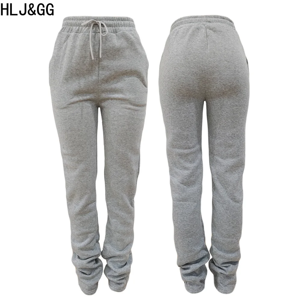 HLJ&GG Casual Solid Color Sporty Jogger Stacked Pants Women High Waisted Drawstring Pocket Skinny Trousers Spring New Streetwear