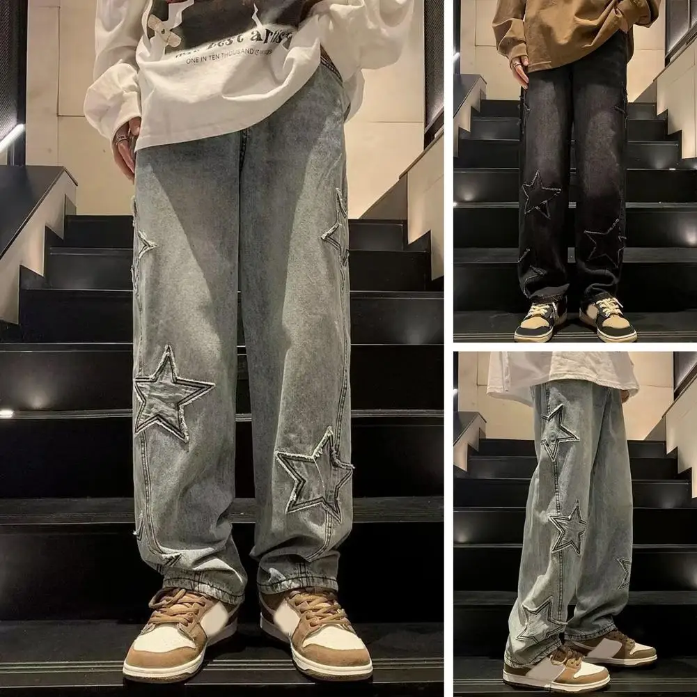 

Fashion Stars Towel Embroidery Baggy Men Jeans Pants Y2K Clothes Straight Hip Hop Cotton Trousers Pantalon Wide Leg Denim Pant