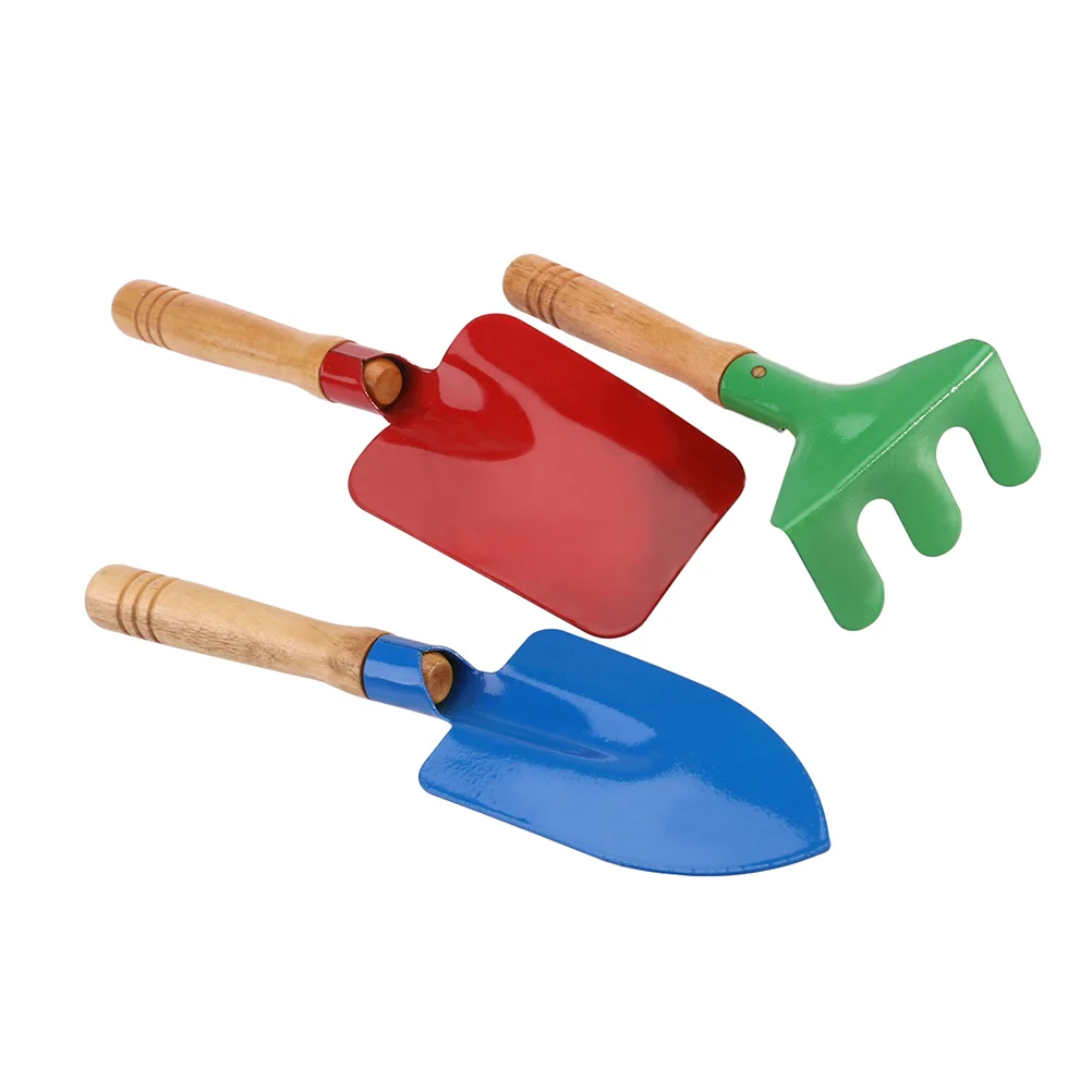 2 Set/6 Pcs Children Garden Tool Iron Trowel Rake Colored Printed Hand Tools with Wooden Handle for Kids Child Girl