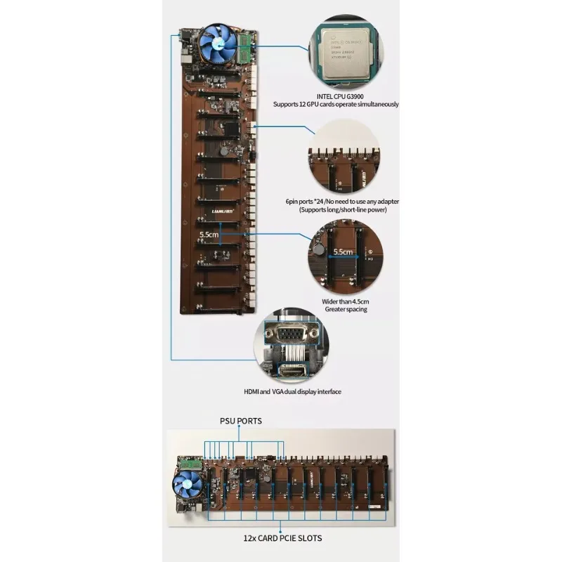 12 그래픽 카드 지원 무소음 서버 케이스 B12S 마더보드, 10개 팬, 2500W 파워 서플라이 포함, 가정용 케이스