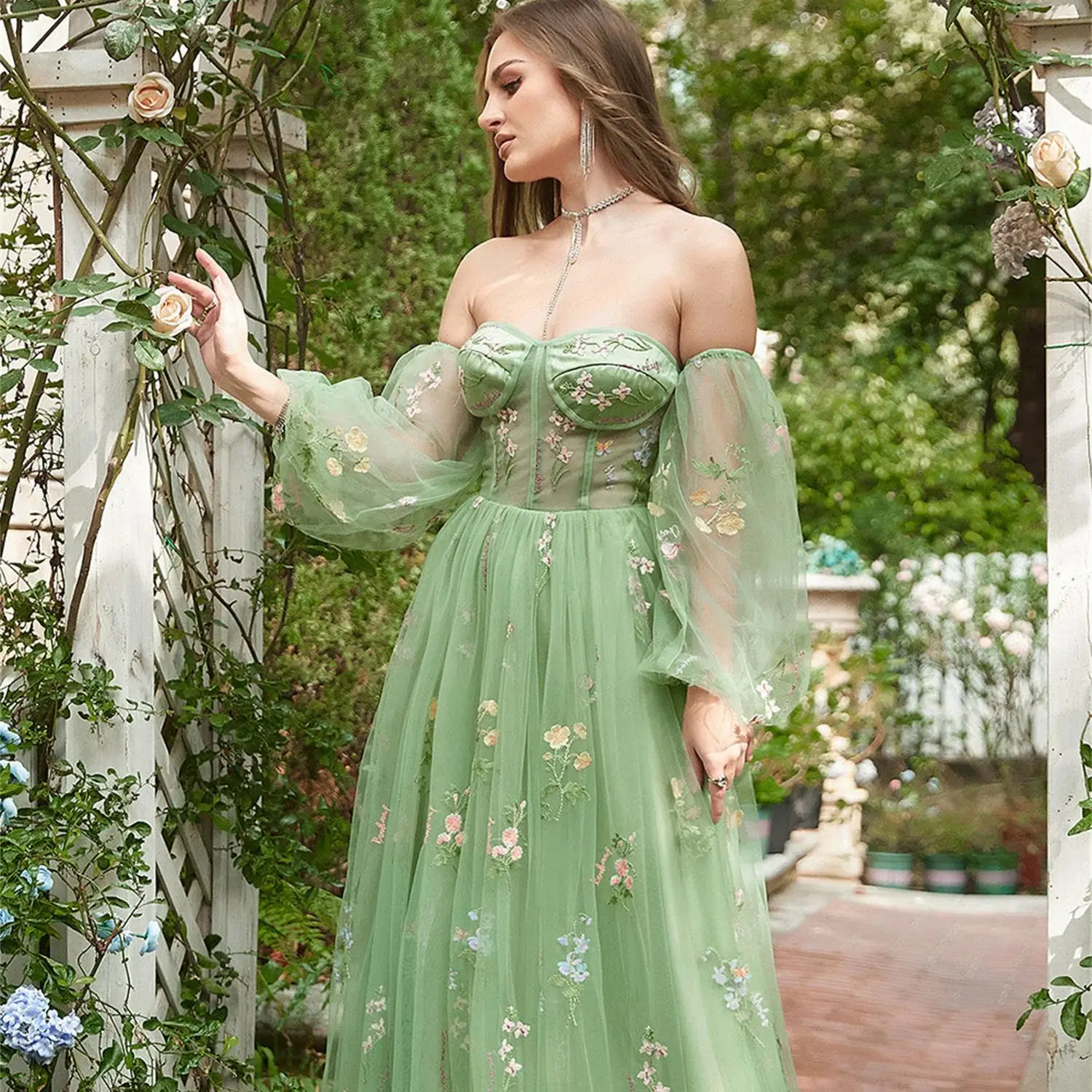 

Aileen, съемные пышные рукава, вышивка сердечком, травяно-зеленые, изготовленные на заказ вечерние платья для женщин, элегантное вечернее платье 2024 для женщин