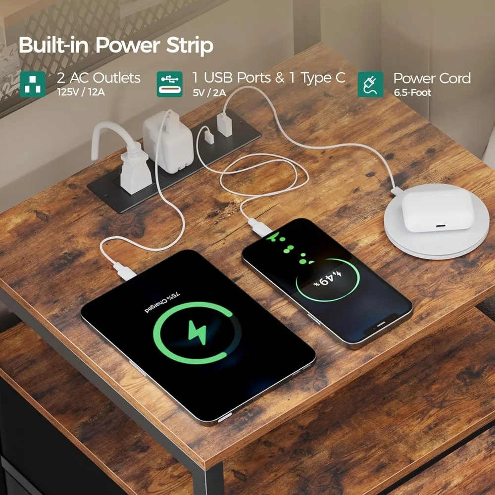 Tall Nightstand with Charging Station and LED Lights, Large Night Stands with Fabric Drawers, Bedside Table with Storage Shelves 6