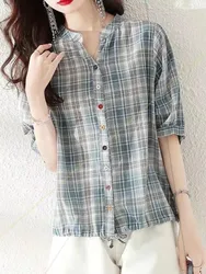 Woman Summer Style Blouses Tops Lady Casual V-Neck Short Sleeve Striped Printed Blusas Tops DF4537
