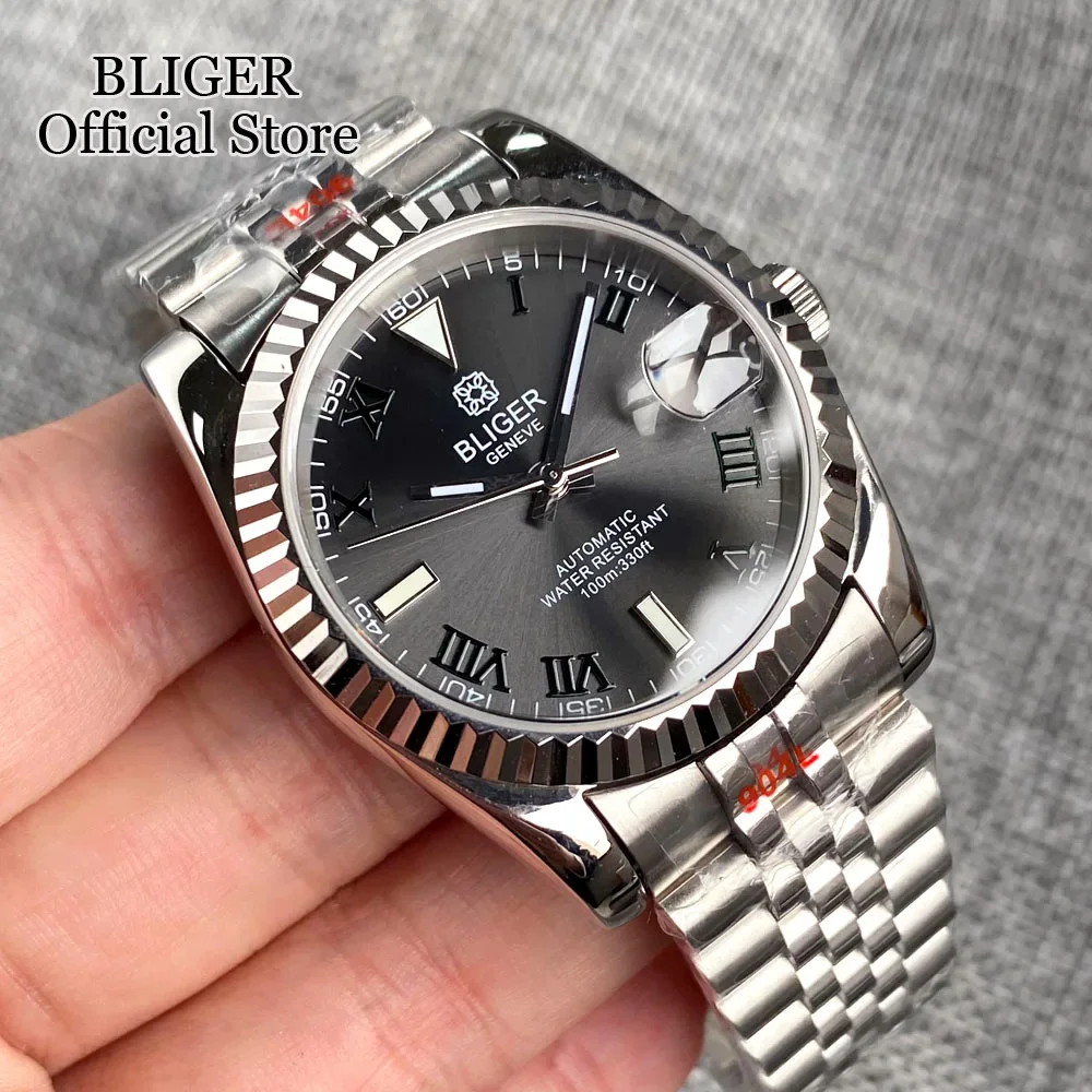 BLIGER Luxury 36mm 39mm Grey Dial Dark Green Roman Numbers NH35A Automatic Men Watch Stainless Steel Strap Sapphire Glass