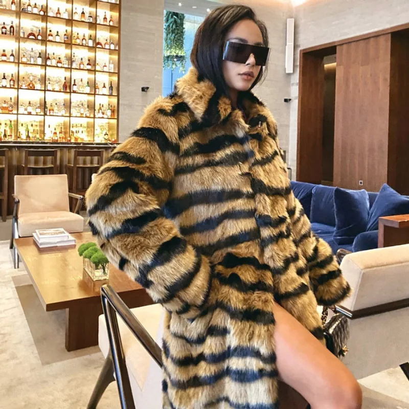 Winter Women Temperament Tiger Pattern Imitation Fur Coat Long Below The Knee Loose Large Size Outwear Fashion Versatile Outwear