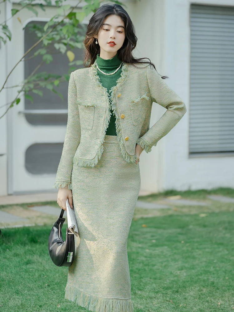 Autumn And Winter Fashion Slim Small Fragrance Wind Two-piece Beading Tweed  Skirt Coat Female Elegant Gentle Temperament Suit