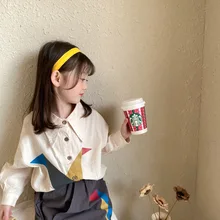 

Spring girls cotton paper crane printing beige shirts baby girl Soft casual turn-down collar Tops clothes