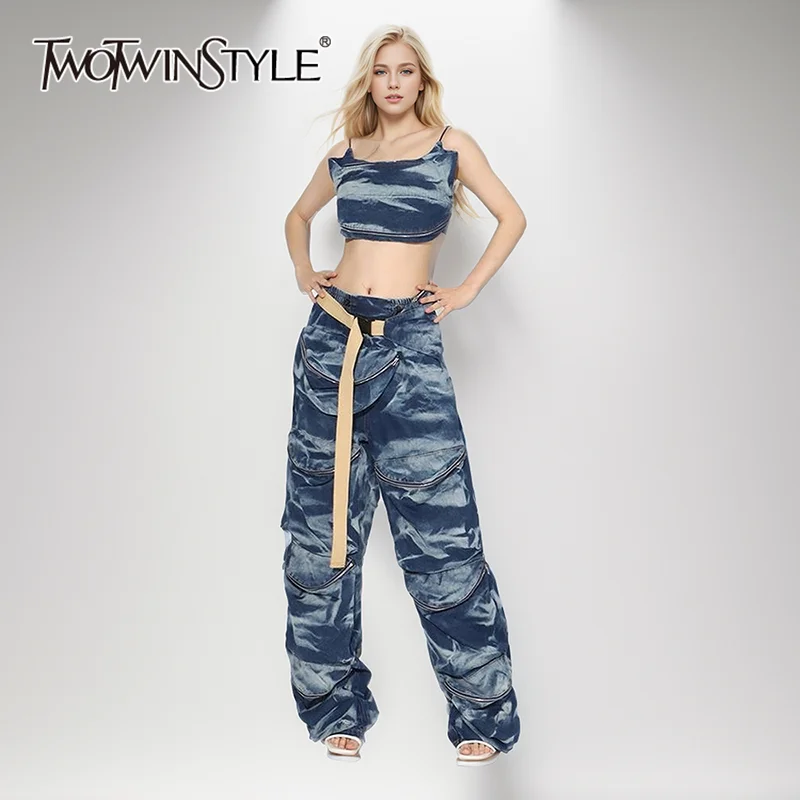 TWOTWINSTYLE Denim Three Piece Set For Women Square Collar Sleeveless Top Spliced Waist Bag Wide Leg Pant Streetwear Sets Female