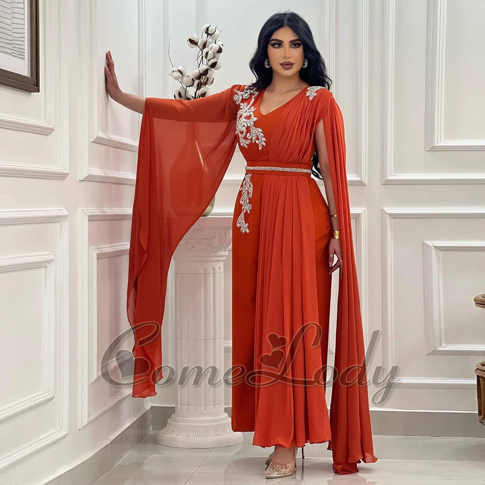 

Comelody Attractive V Neck Chiffon Formal Prom Evening Gown Prom Dresses Saudi Arabric Ankle Length with Cape Rhinestone