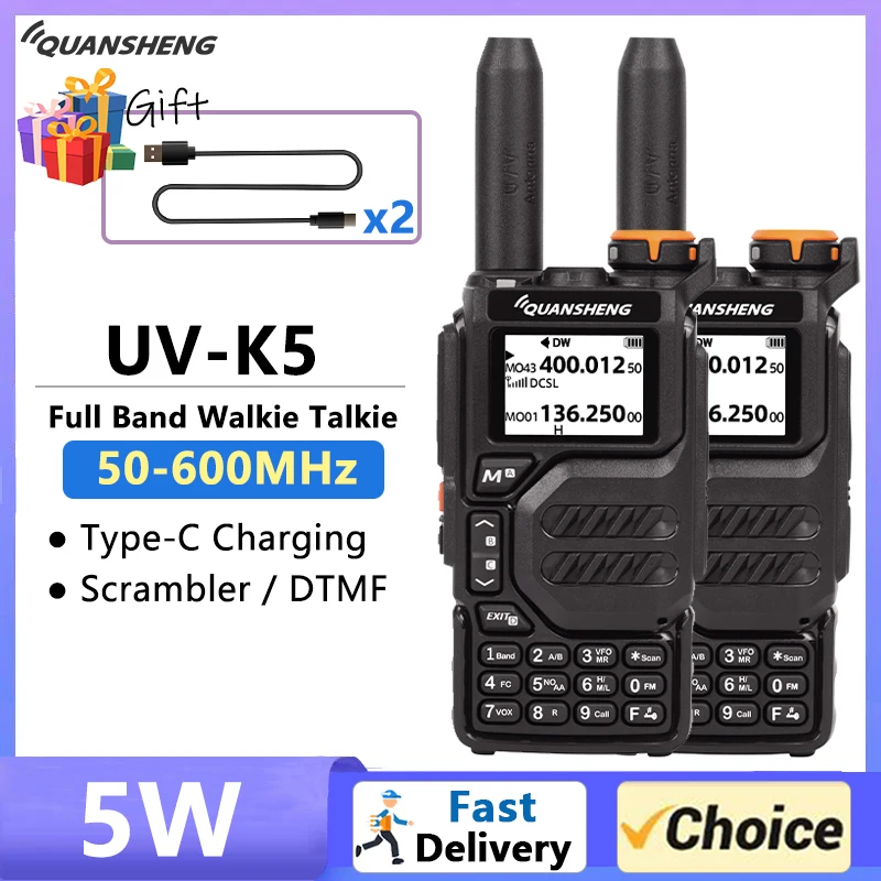 QUANSHENG UV-K5 Walkie Talkie Dual Band 5W Rechargeable Two Way Radio NOAA  Emergency Weather Receiver with Type-C Charging Cable, Headset (Black 1