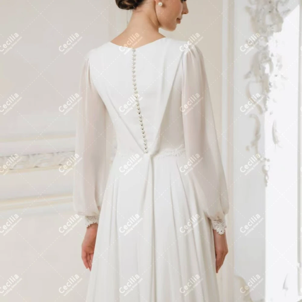 Modest Wedding Dresses Chiffon Bridal Gowns Long Puff Sleeves Elegant Robes For Formal Party Vestidos De Novia Customized 2025 4