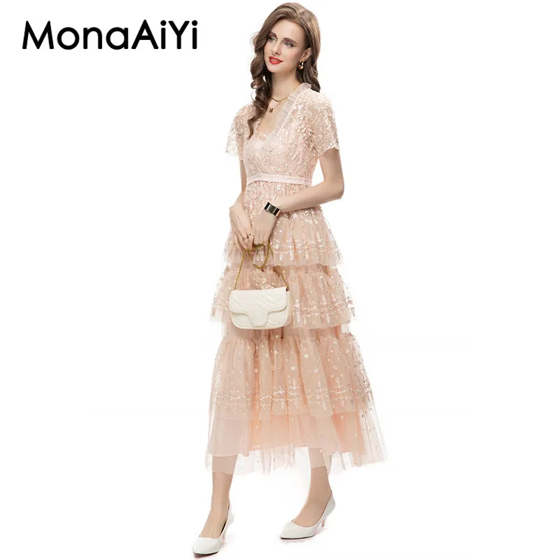 

Женское платье с вышивкой MonaAiYi, Осеннее белое Плиссированное Платье из полиэстера с V-образным вырезом и рукавами-фонариками