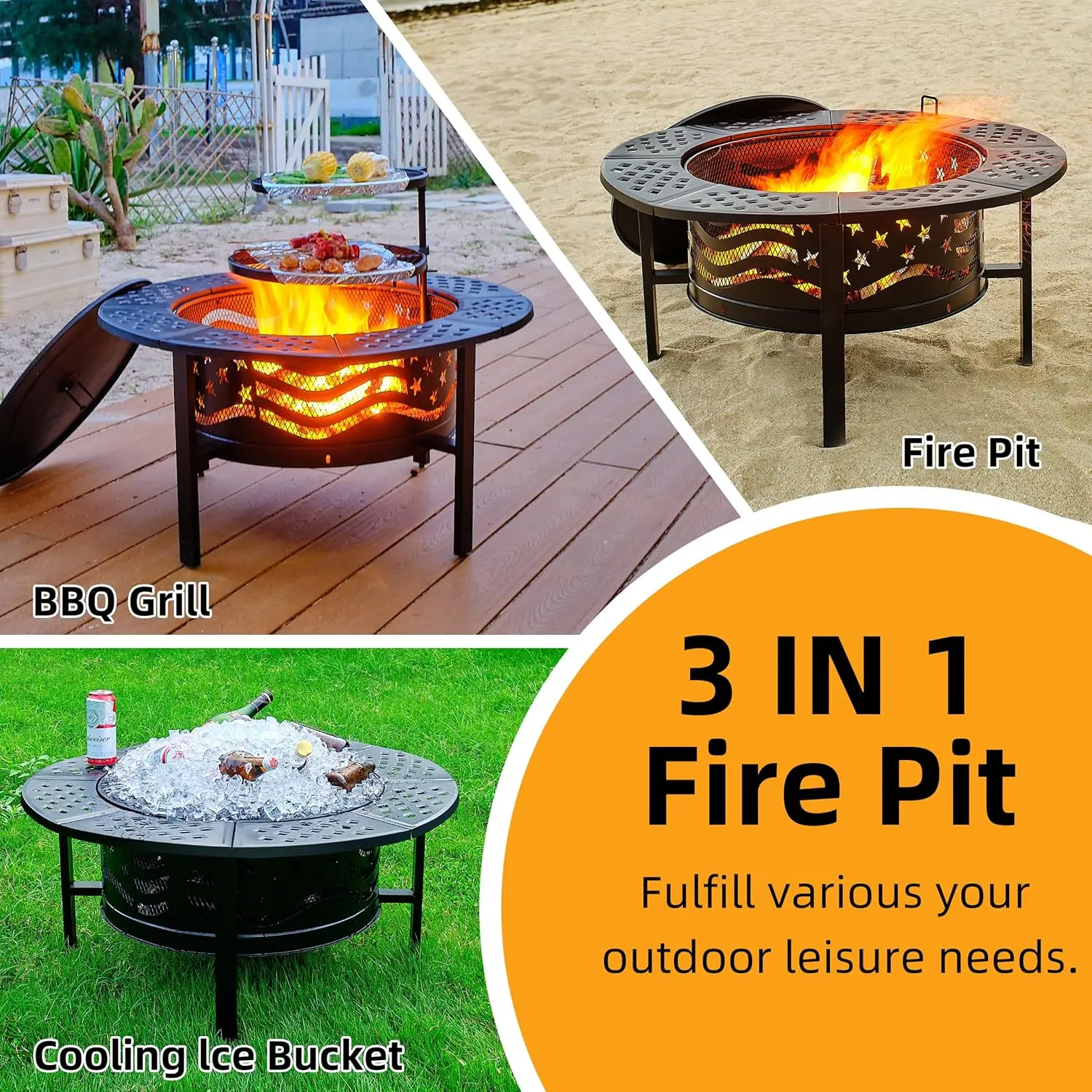 42" Outdoor Fire Pit with 2 Grills - Wood Burning Firepit for Outside with Cover & Poker, Heavy Duty Metal Fire Pit