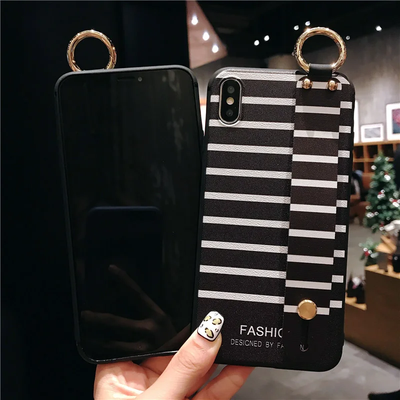 Black and White Stripes Wrist Strap Phone Holder with Soft TPU Cover