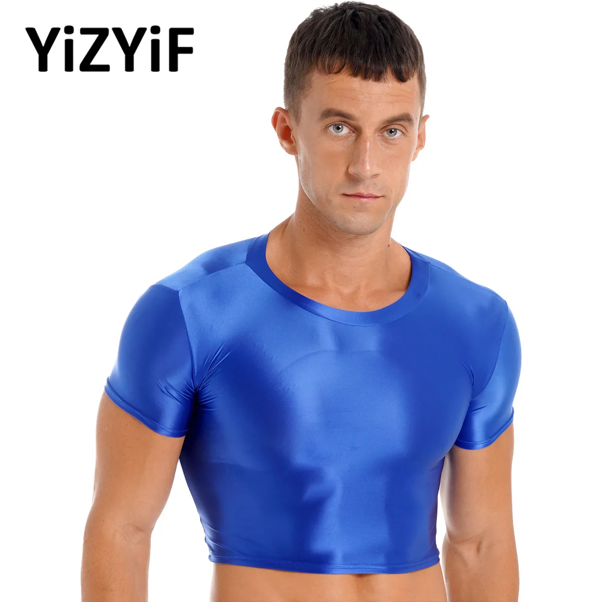 MensGlossyShortSleeveWorkoutGymSportCropTopShirtOilShinyU