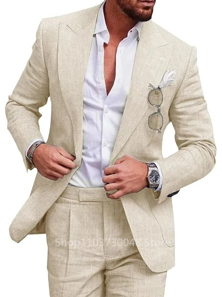 Light Blue/Beige Linen Wedding Men Suit Casual Single Breasted Slim Fit Blazer Pants High Quality Summer 2 Piece Costume Homme 4