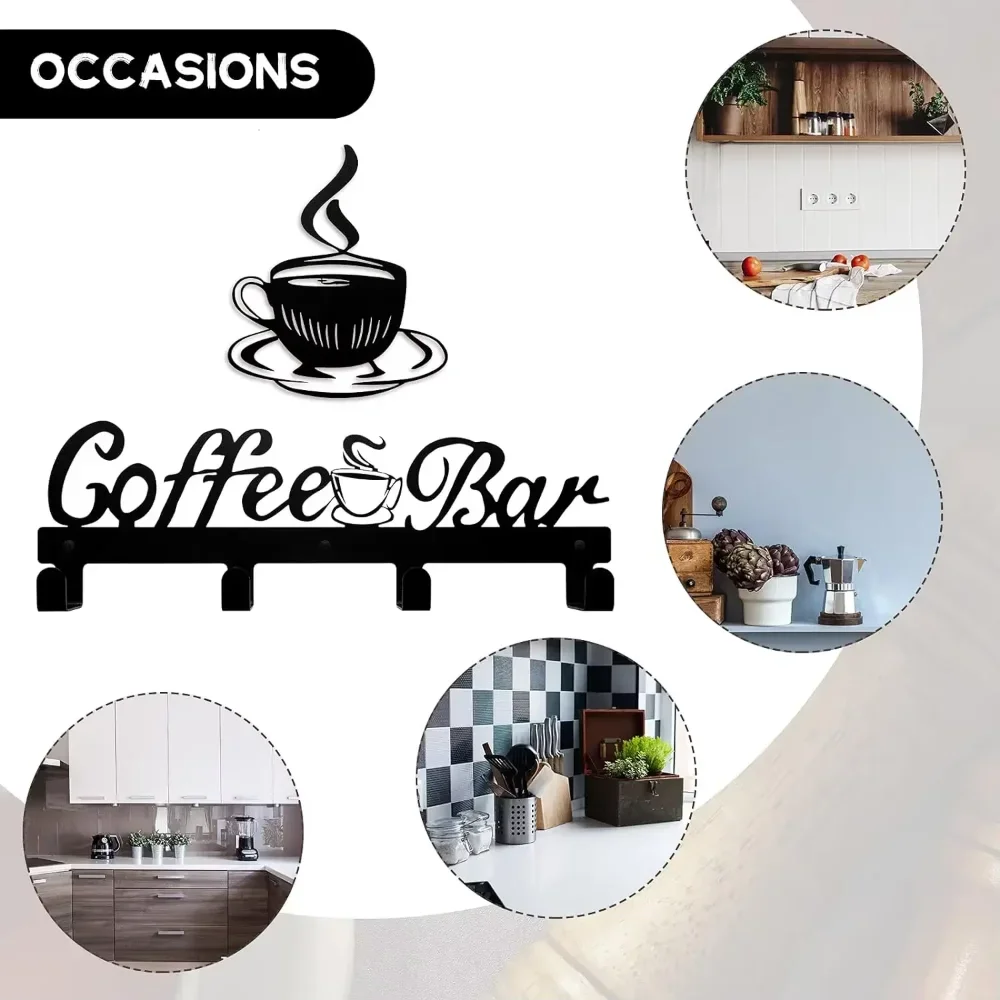 Impressive Metal Coffee Cup Rack. Wall-mounted decor. Coffee bar organizer. Storage and display. Hooks for your mugs. 6