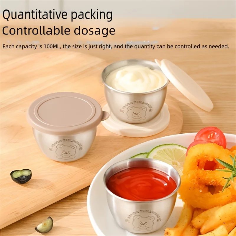 Stainless Steel 304 Seasoning Box Stylish 6-Grid Dip Dish with Leak-proof Lid - Sauce Cups for Ketchup/Spices Airtight Kitchen