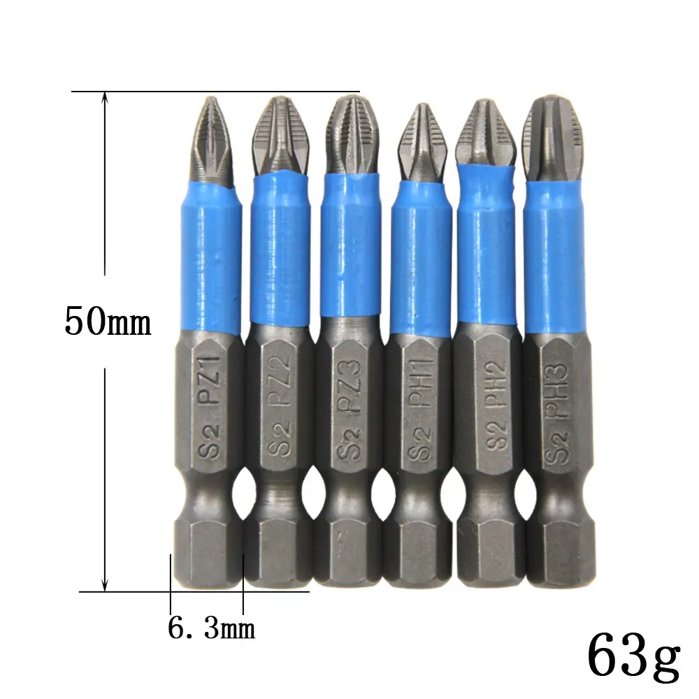 50mm 6pcs 육각형 핸들 미끄럼 방지 전기 스크루 드라이버 목공 크로스 스크루 드라이버 도구 세트 PH1 PH2 PH3 PZ1 PZ2 PZ3