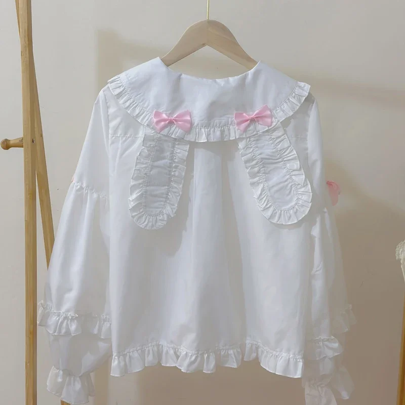 Japanese Sweet Lolita Style Kawaii Bunny Ear Shirts Women Long Sleeves Peter Pan Collar Bow Blouses Girls Casual Y2k White Tops
