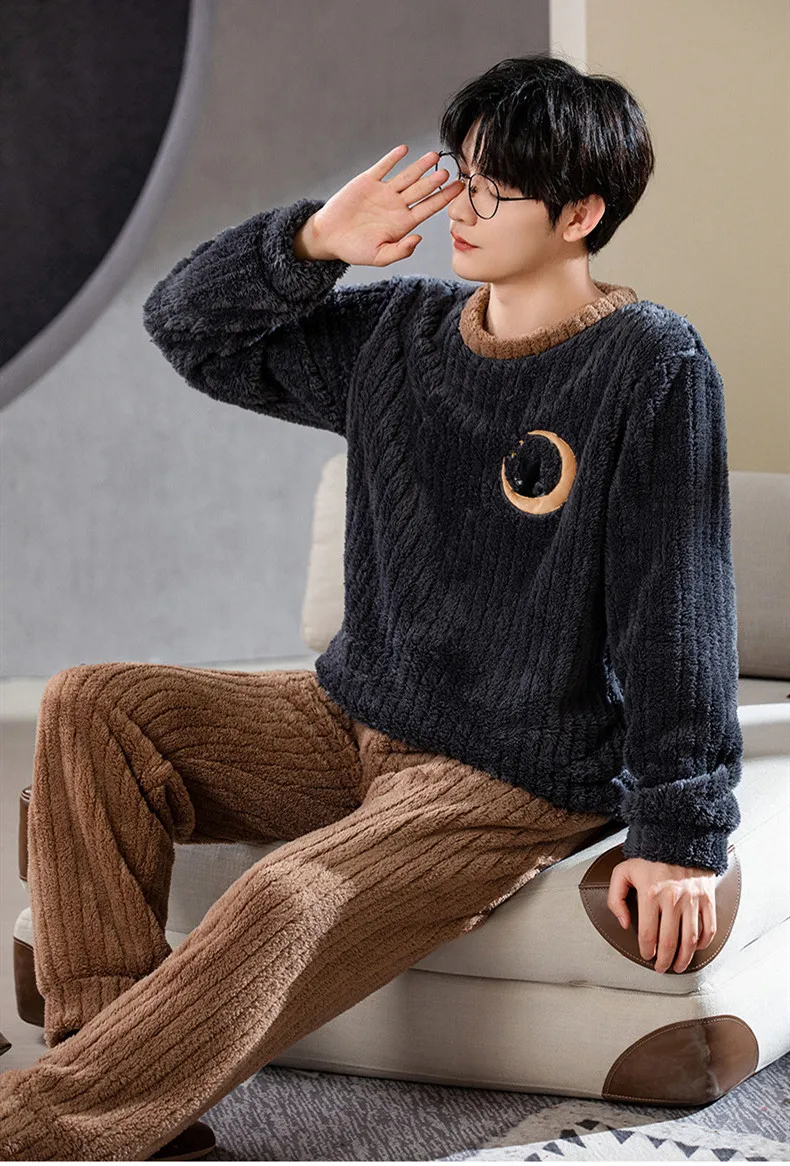 Yasuk Winter Fashion Women's Men Casual Warm Soft Sleepwear Pajamas With Pants Velvet Jacquard Fleecel Thick Moon Couple Unisex