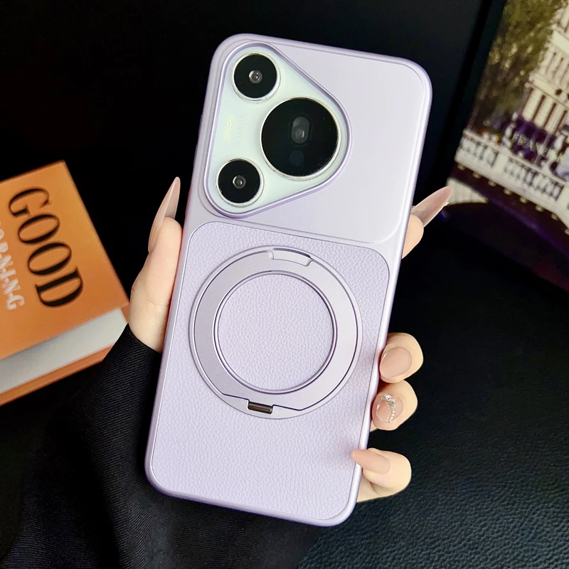 Fashion Magnetic Lychee Texture PU Leather Ultra Thin 360° Rotation Ring Stand Phone Case