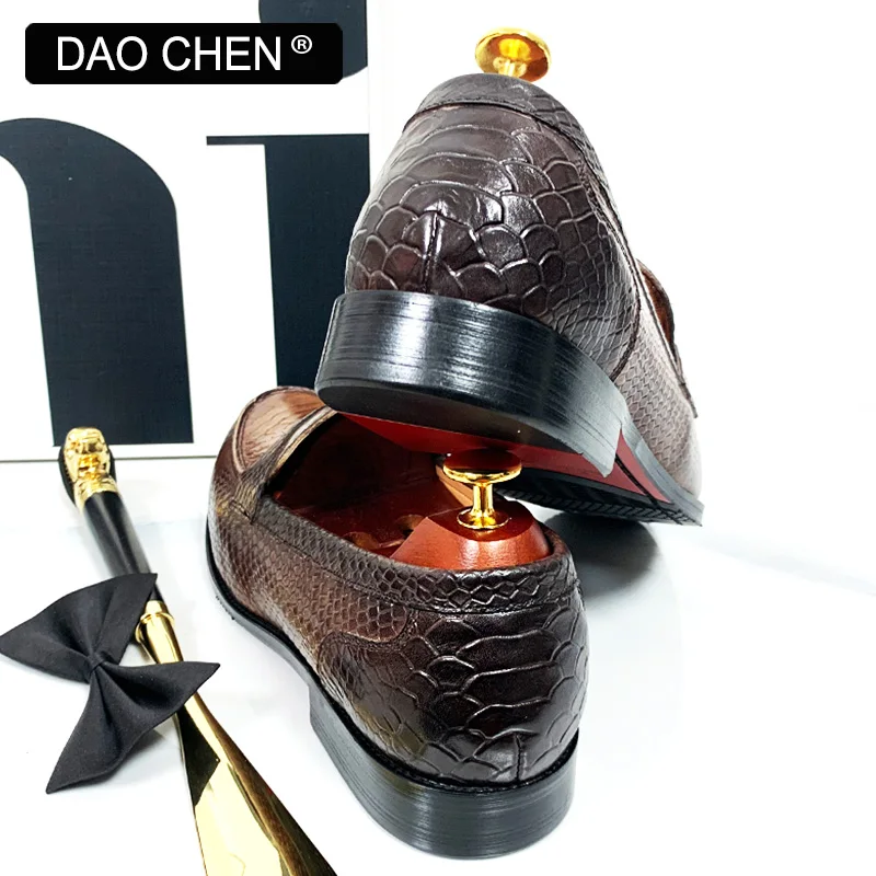 BRAND LEATHER BROWN BLACK SLIP ON SNAKE PRINT MEN'S CASUAL SHOES WEDDING OFFICE BANQUET casual loafers men_voghion.com