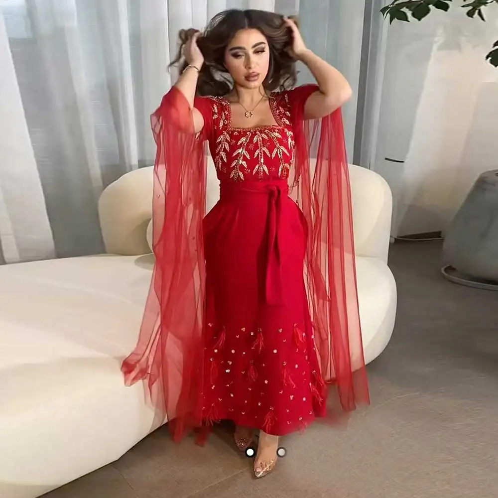 

Exquisite Red Sheath Evening Dress Square Neck Applique Beading Draped Long Sleeve Women's Elegant Party Prom Gown