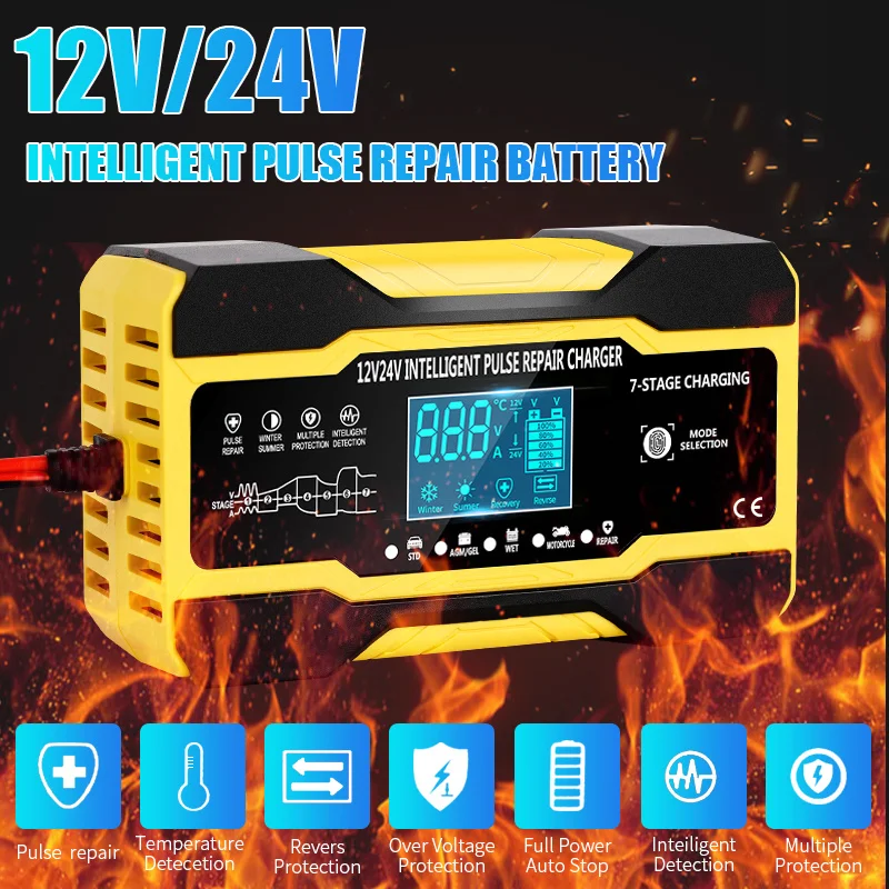 12V-24V 7-stage smart Car Battery-Charger Full Automatic 10A Digital Car Battery Charger Pulse Repair for AGM GEL WET Lead Acid car battery accessories