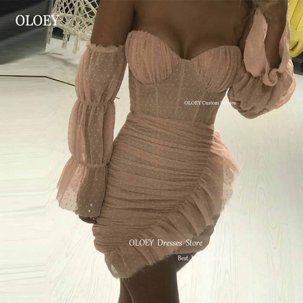 

OLOEY Sweetheart Blus Pink Dotted Tulle Short Prom Party Dresses Arabic Women Puff Long Sleeves Mini Sexy Cocktail Dress