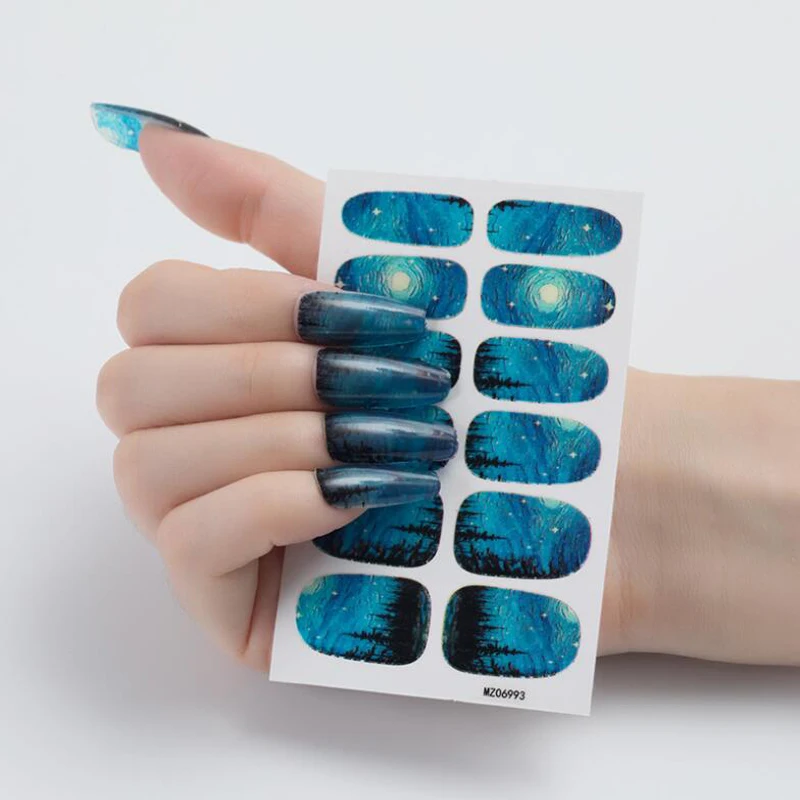 Starry Sky Colorful Painting Nail Stickers Finished Adhesive Full Cover Nail Wraps False Patch Tips Art Decals Decors