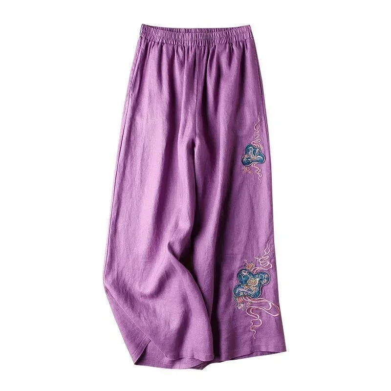 

Womens Cotton and Line Wide Leg Pants Female Elastic Waist Embroidery Skirt Pants Summer Thin Trousers