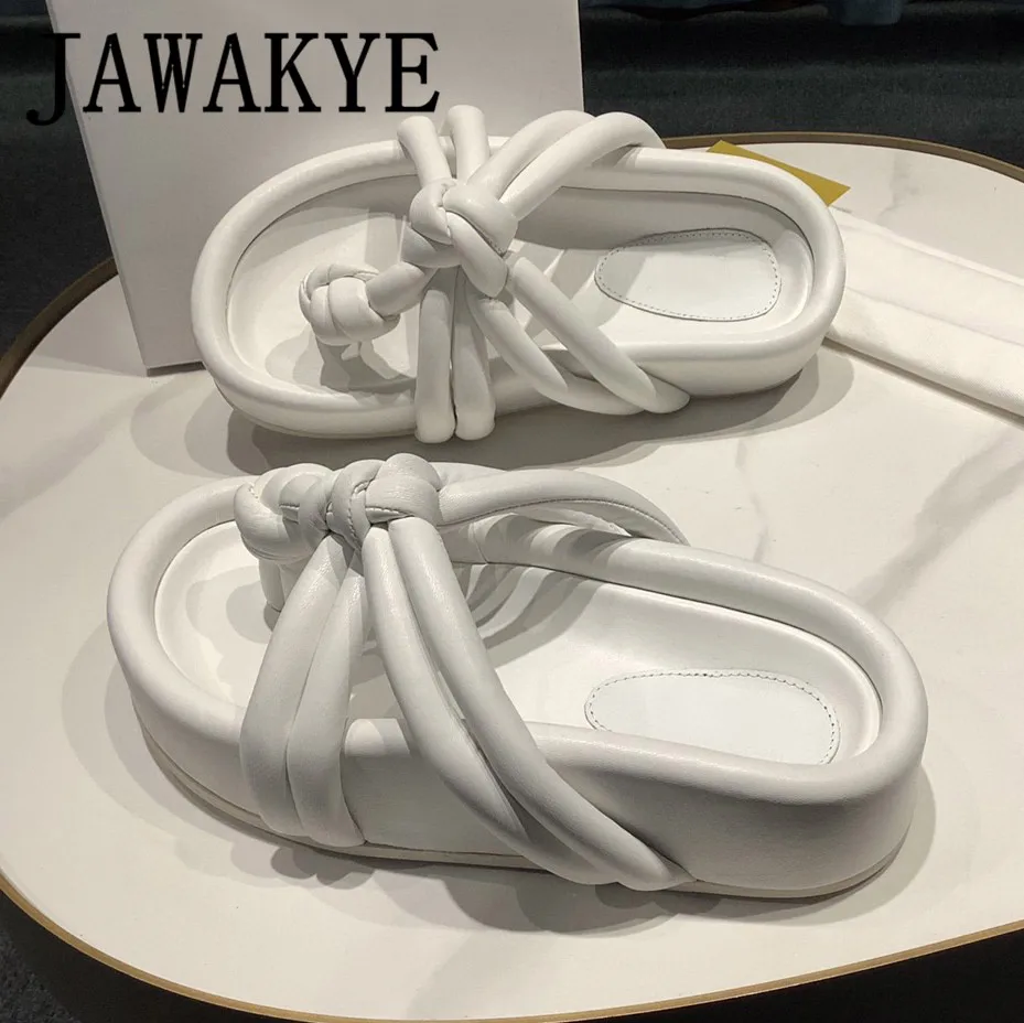 

Тапки женские на толстой подошве, натуральная кожа, узел, пляжная обувь, модные тапочки на платформе, белые черные